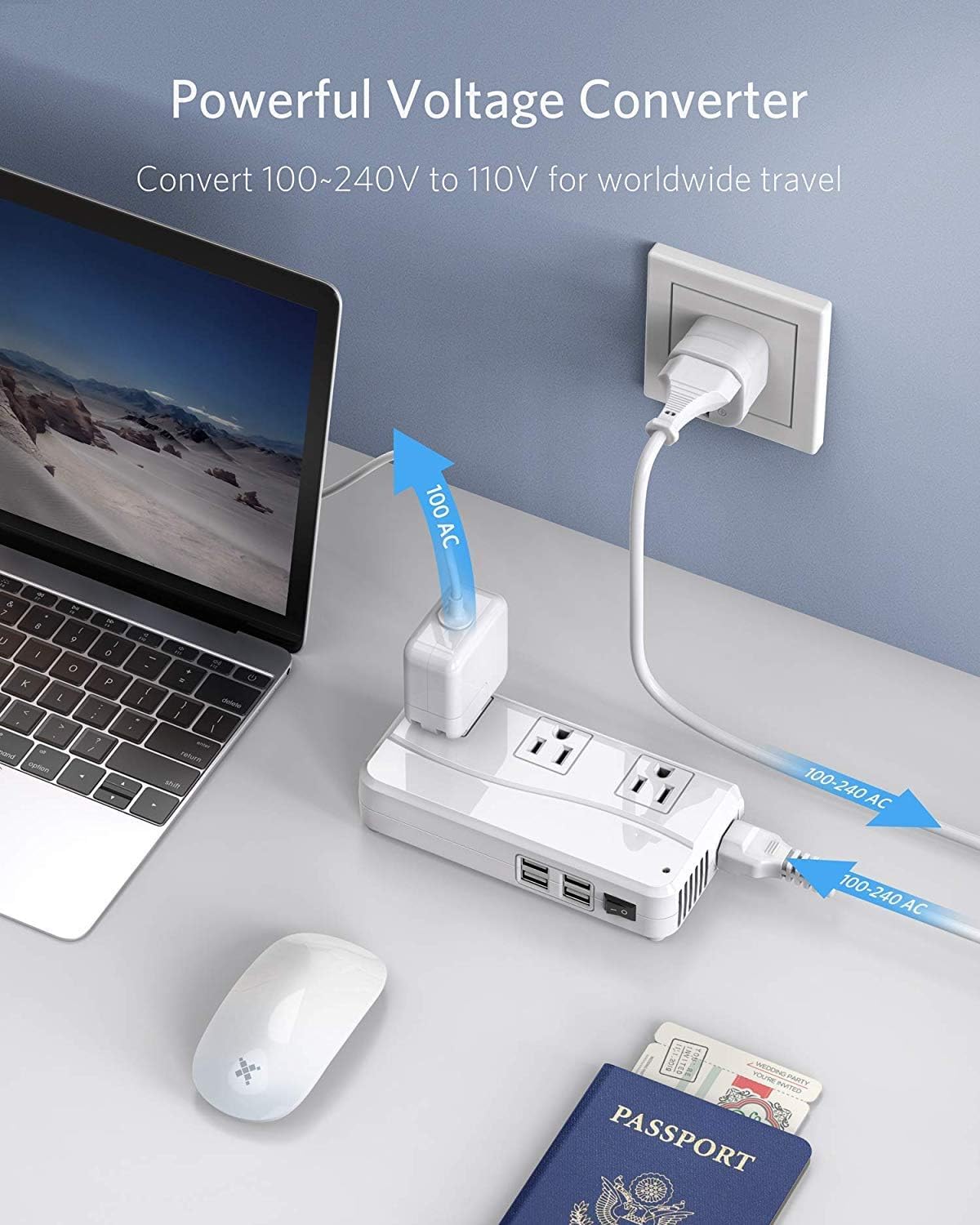 BESTEK - Adaptador Universal de Viaje de 100 a 220 V a 110 V, convertidor de Voltaje de 250 W con Carga USB de 6 A, 4 Puertos, 3 enchufes de CA y Adaptador de Enchufe EU/UK/AU/EU/India en Todo el