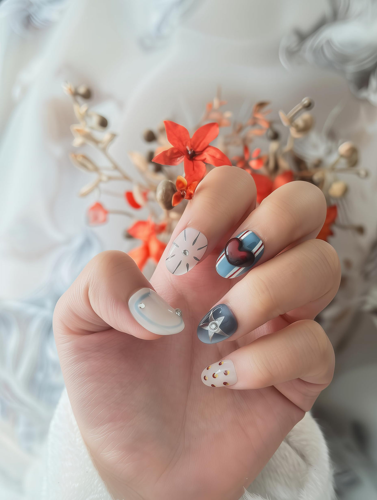 Fine Point Uñas postizas cortas hechas a mano - Diseño de corazón 3D - Uñas acrílicas estilo ojo de gato - Elegante set de uñas postizas | American Sweetheart (Talla Mediana)
