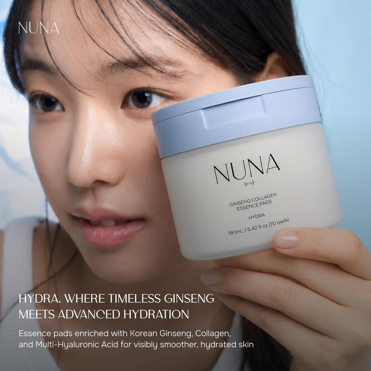 NUNA Discos de esencia de colágeno y ginseng: hidratantes y revitalizantes con colágeno, extracto de raíz de ginseng fermentado y fermento de lactobacillus, ácido hialurónico multicapa.