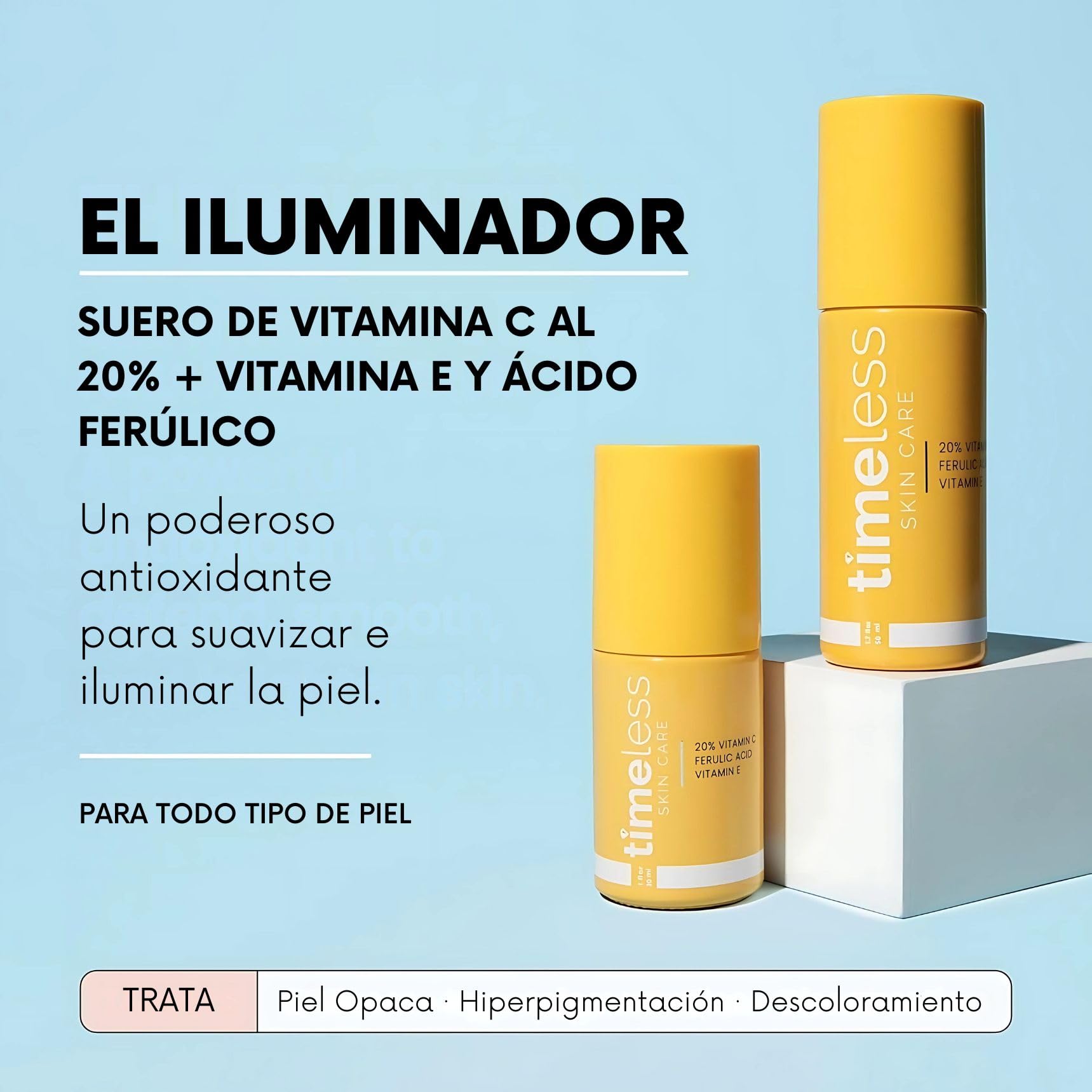 TIMELESS SKIN CARE | Sérum de Vitamina C al 20% + Ácido Ferúlico + Vitamina E | Para Todo tipo de piel | Suero Antioxidante y Aumenta la Producción de Colágeno | 30ML