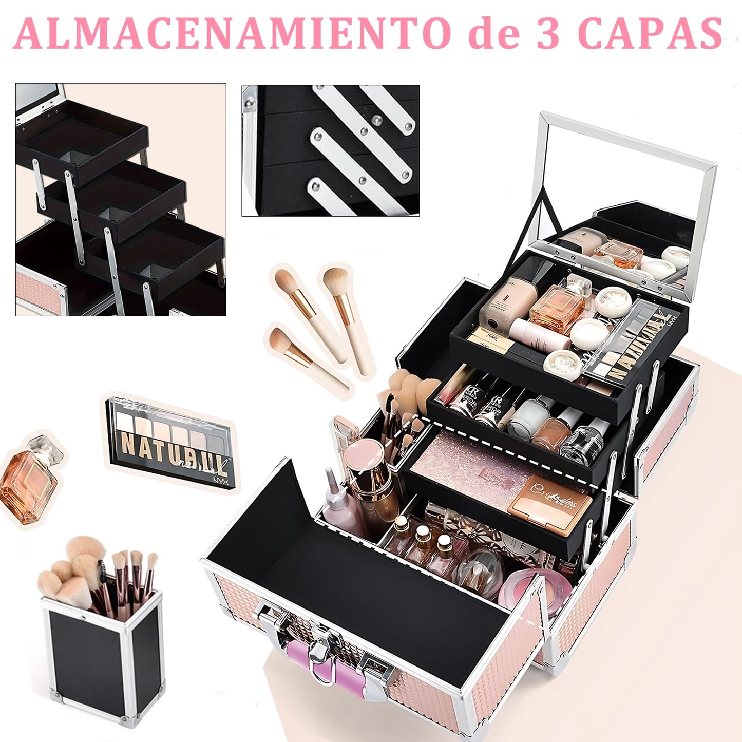 SIJEW Estuche de Tren de Maquillaje, Caja de Viaje Para Cosméticos, Caja Organizadora de Maquillaje con Espejo, 3 Bandejas, Oro Rosa, Organizador de Joyas Con Cerradura Portátil (Rosa)