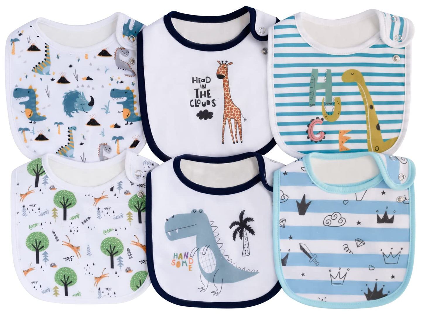 Paquete de 6 baberos de algodón impermeables para niñas y niños para comer con botones ajustables
