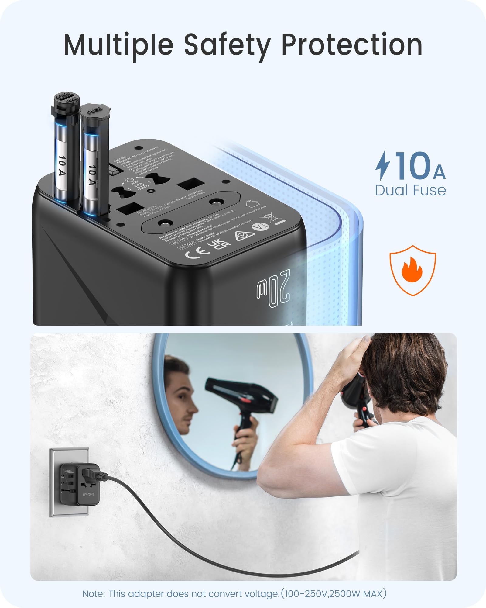 LENCENT Adaptador de Viaje Universal, Cargador Internacional PD20W con 2 Puertos USB y Carga Rápida Tipo C, Cargador de Pared Mundial para iPhone, Samsung, Laptop, Enchufe USA/UK/UE/AUS, Negro
