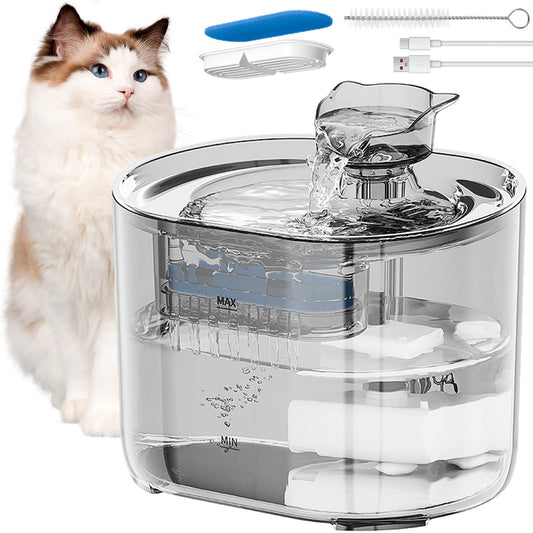 GALASALA Fuente de Agua para Gato, 2.2 L Bebedero para Gato Transparente con Filtro de Agua de Cuatro Capas, Fuente para Gato con Bomba de Agua Silenciosa Ajustable para Gatos, Perros y Mascotas