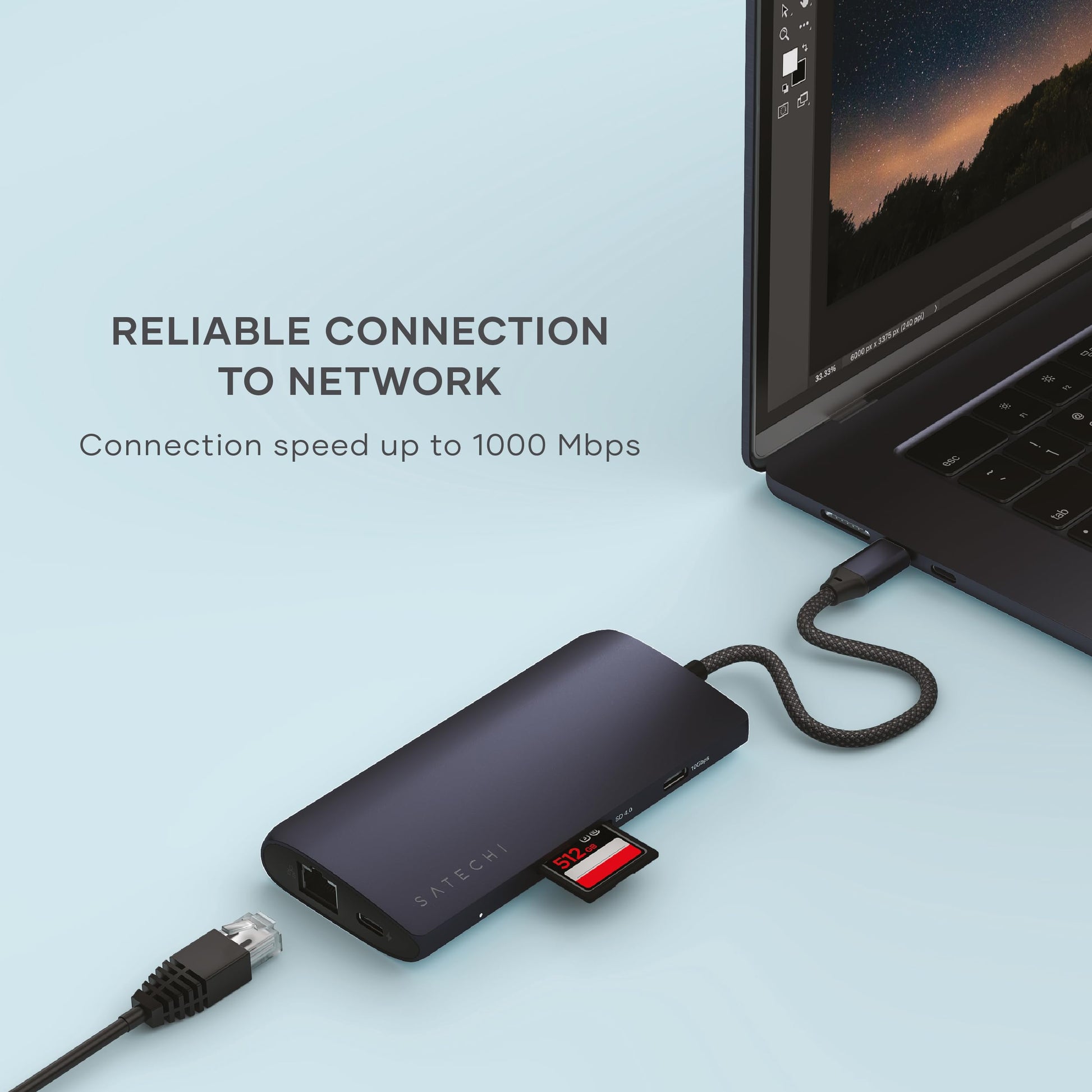 Hub USB C SATECHI Midnight 8 en 1 con HDMI 8K y Carga 100W para Laptop y iPad