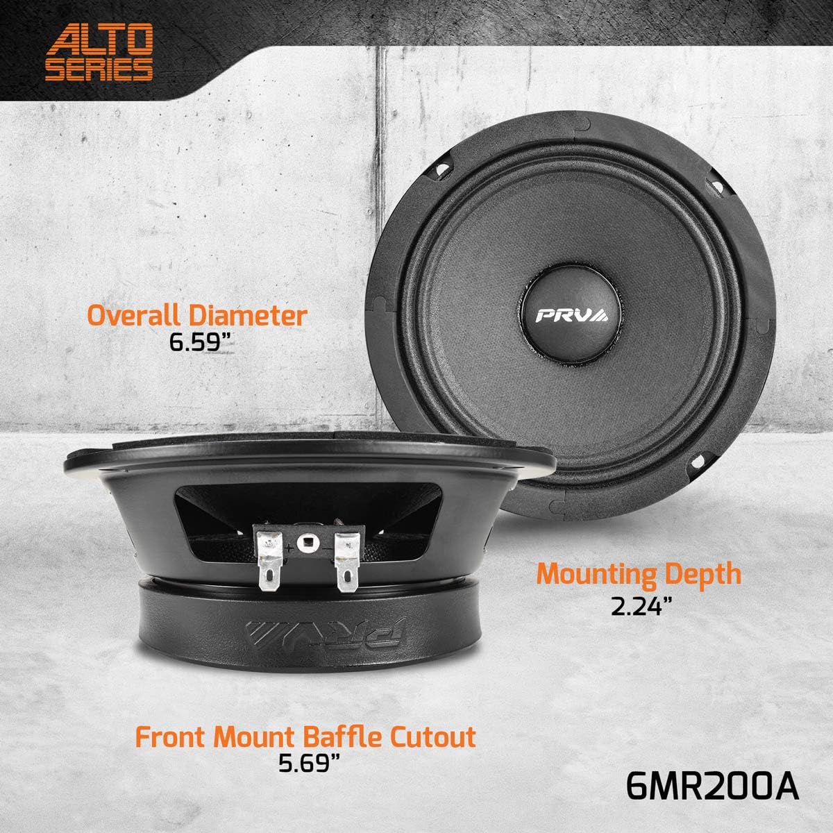 PRV Audio Altavoz de rango medio poco profundo de 6,5 pulgadas, 6MR200A, potencia de programa de 200 vatios, 8 ohmios de montaje superficial para coche, bobina de voz de 1.5 pulgadas, 100 vatios RMS, compacto para puertas (individual)