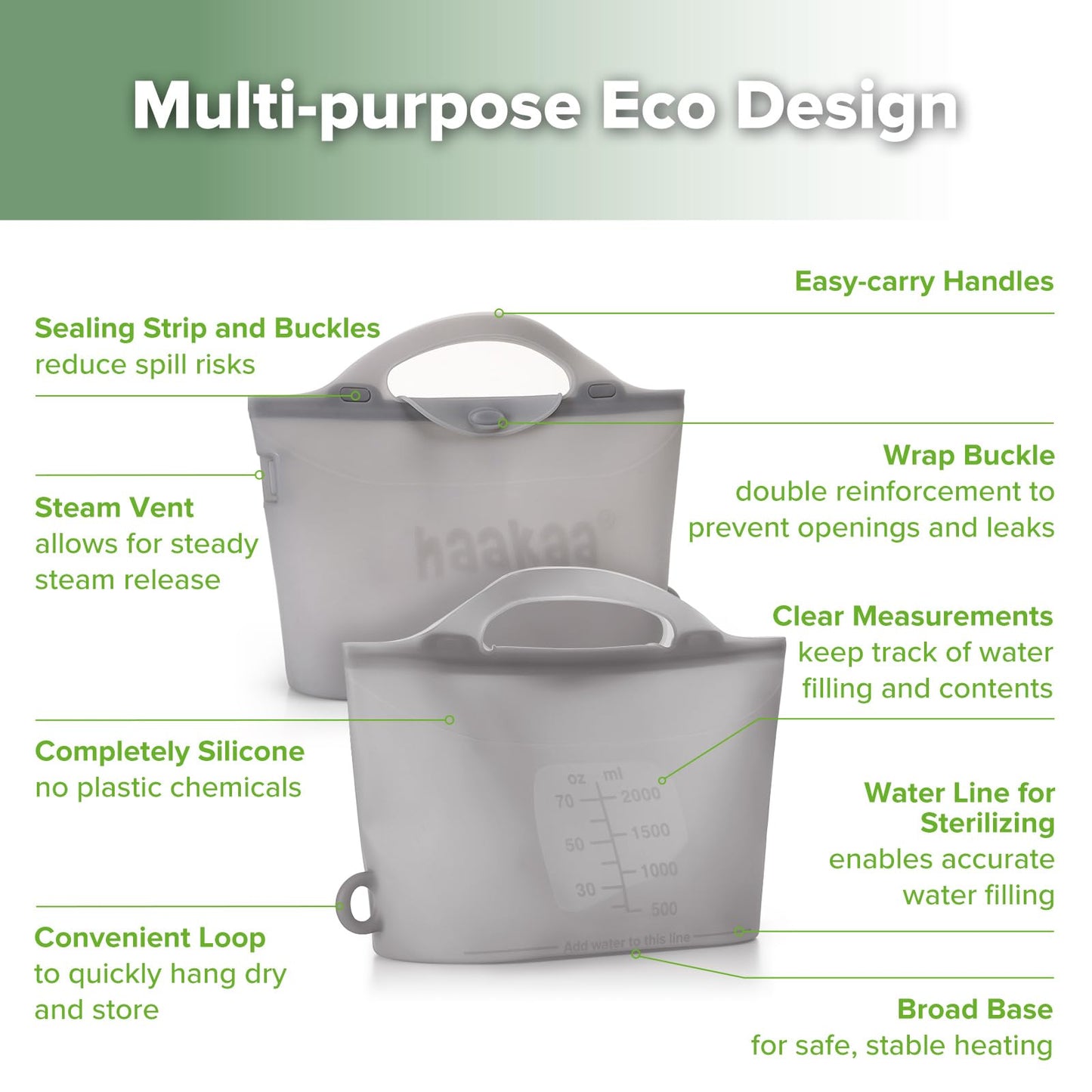 Bolsa reutilizable grande de 2000ml/70oz de Haakaa para esterilizar y vaporizar al microondas, ideal para biberones, extractores de leche, accesorios, chupetes, mordedores, para el hogar y para llevar