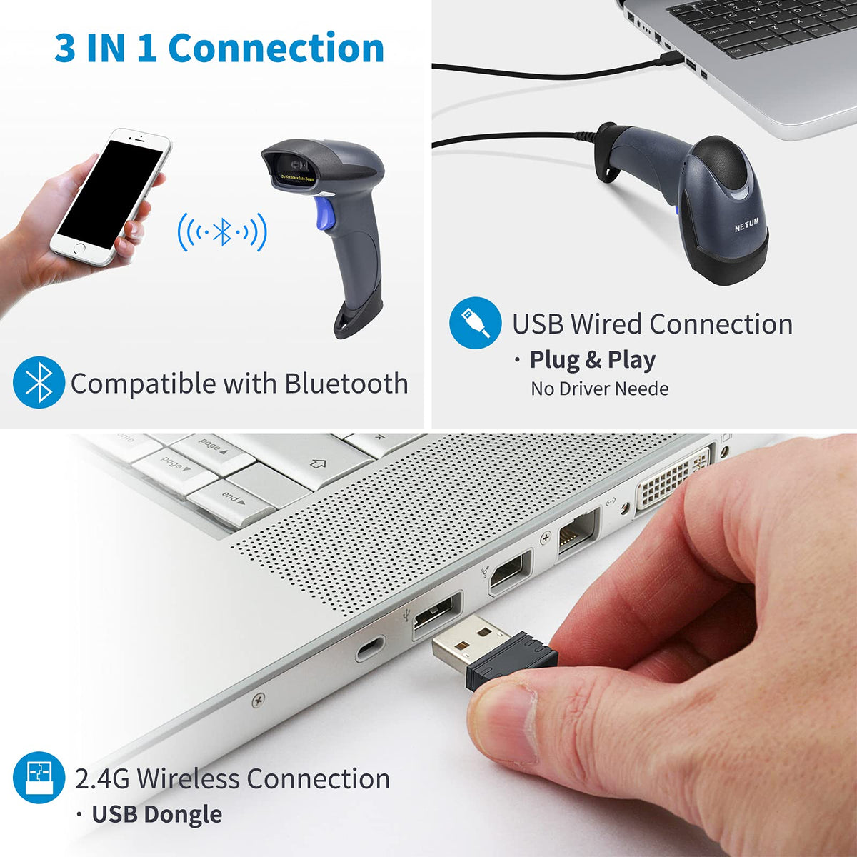 Escáner de Código de Barras NETUM Inalámbrico QR con Soporte 3 en 1 Bluetooth USB