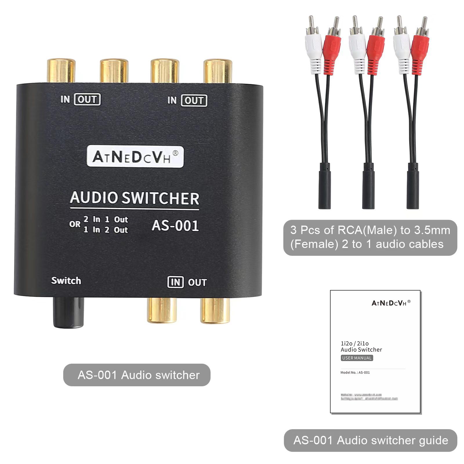 AtNeDcVh RCA / Puerto de 3,5 mm 1 en 2 salida/2 en 1 salida bidireccional conmutador de audio bidireccional, altavoz estéreo de 2 vías L/R de canal de sonido para auriculares