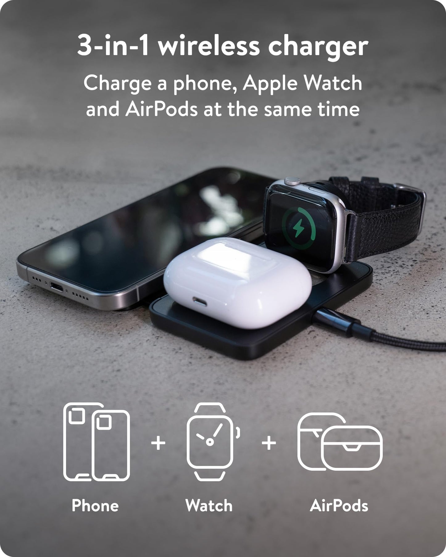 Mous - Cargador inalámbrico 3 en 1 - Cargador de viaje para múltiples dispositivos MagSafe compatible para iPhone, Apple Watch y AirPods