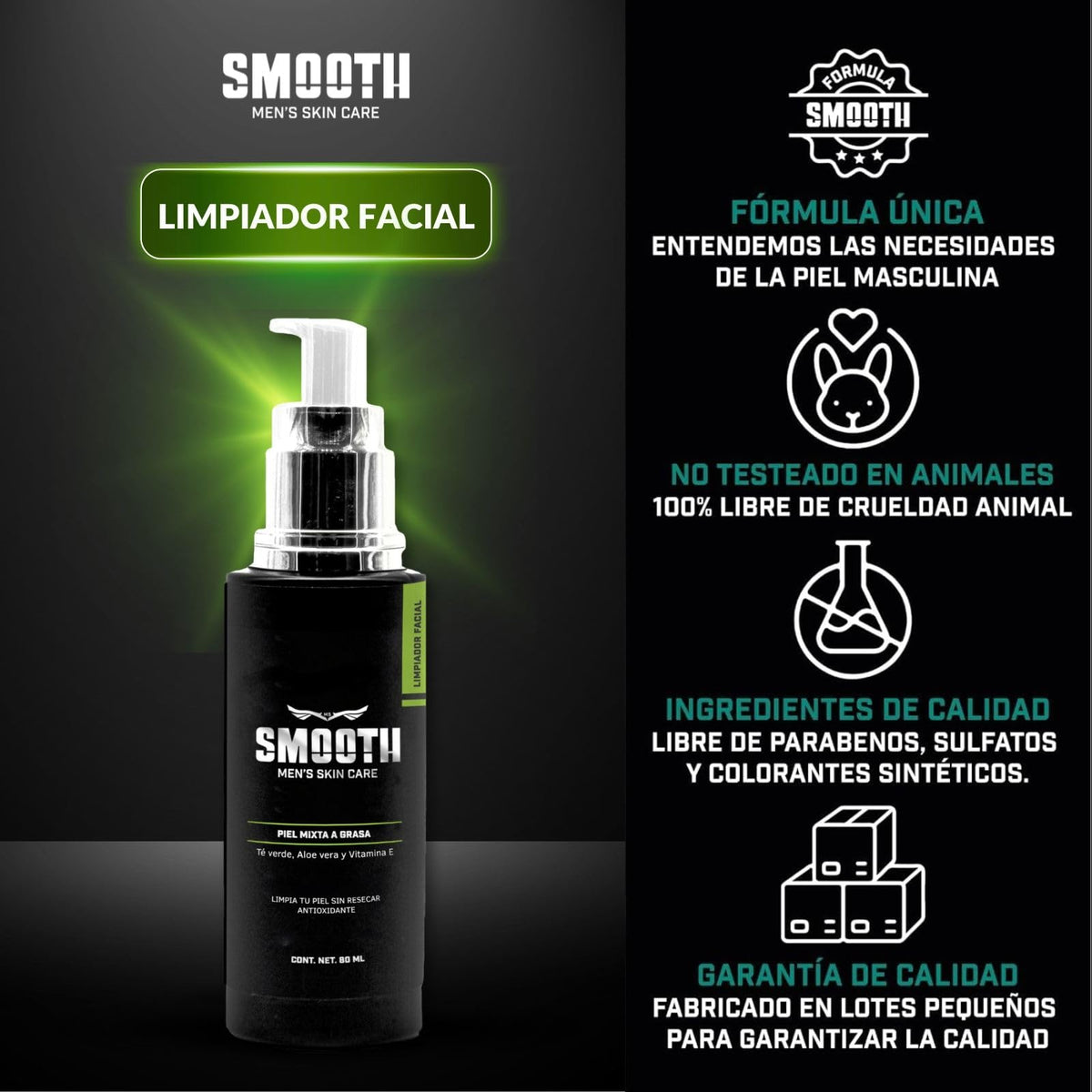 SMOOTH Limpiador Suave Hombres | Limpieza Profunda Sin irritar, Elimina Impurezas, Toxinas, Puntos Negros y Exceso de Grasa | Extracto de Té Verde, Aloe Vera, Betaína de Coco y Vitamina E | Piel suave Fresca y Saludable | 80ml Uso Día y Noche