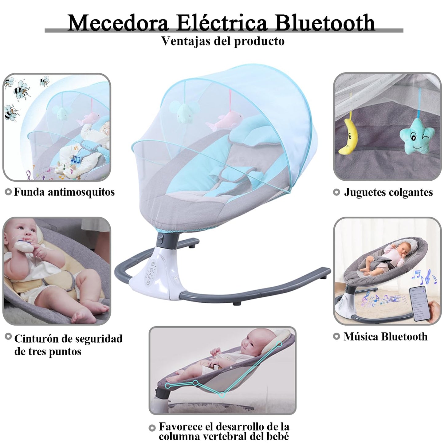 Mecedora Eléctrica PERFECTOP Azul Claro con Mosquitera para Bebé