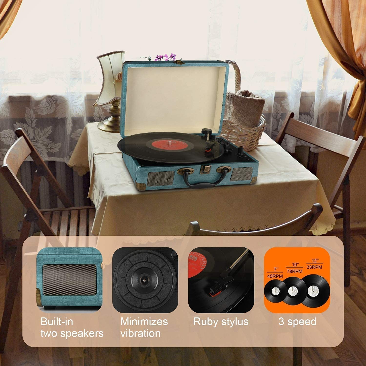 Kedok Tocadiscos Bluetooth de 3 velocidades con y Altavoces estéreos incorporados,admite Salida Salida RCA/Aux in/Auriculares