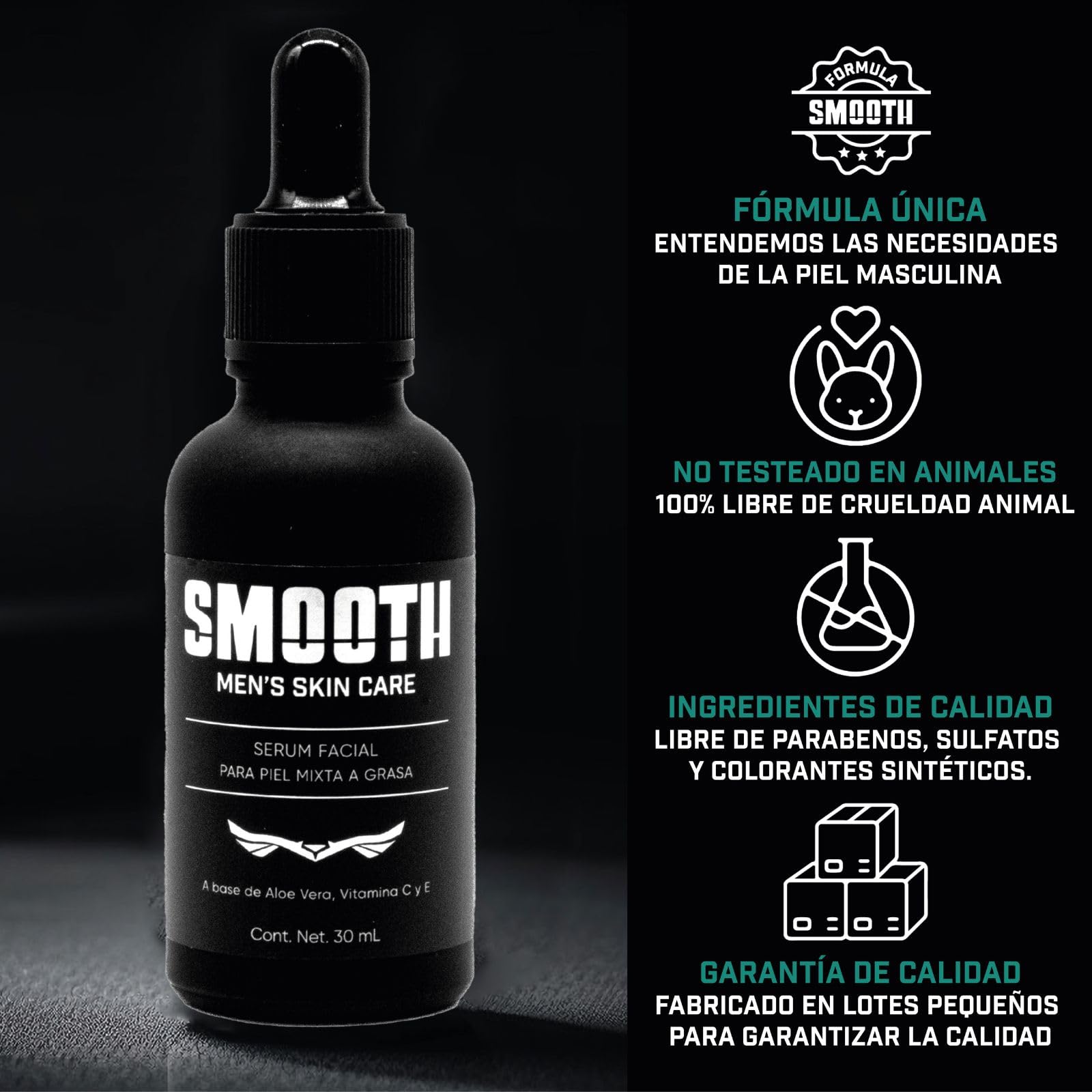 SMOOTH Sérum de Vitamina C Para Hombres | Antioxidante, Hidratante, Reduce líneas de Expresión, Disminuye Arrugas y Retrasa Envejecimiento Prematuro | Colágeno, Elastina, Aloe Vera | 30 ml Uso Día y Noche