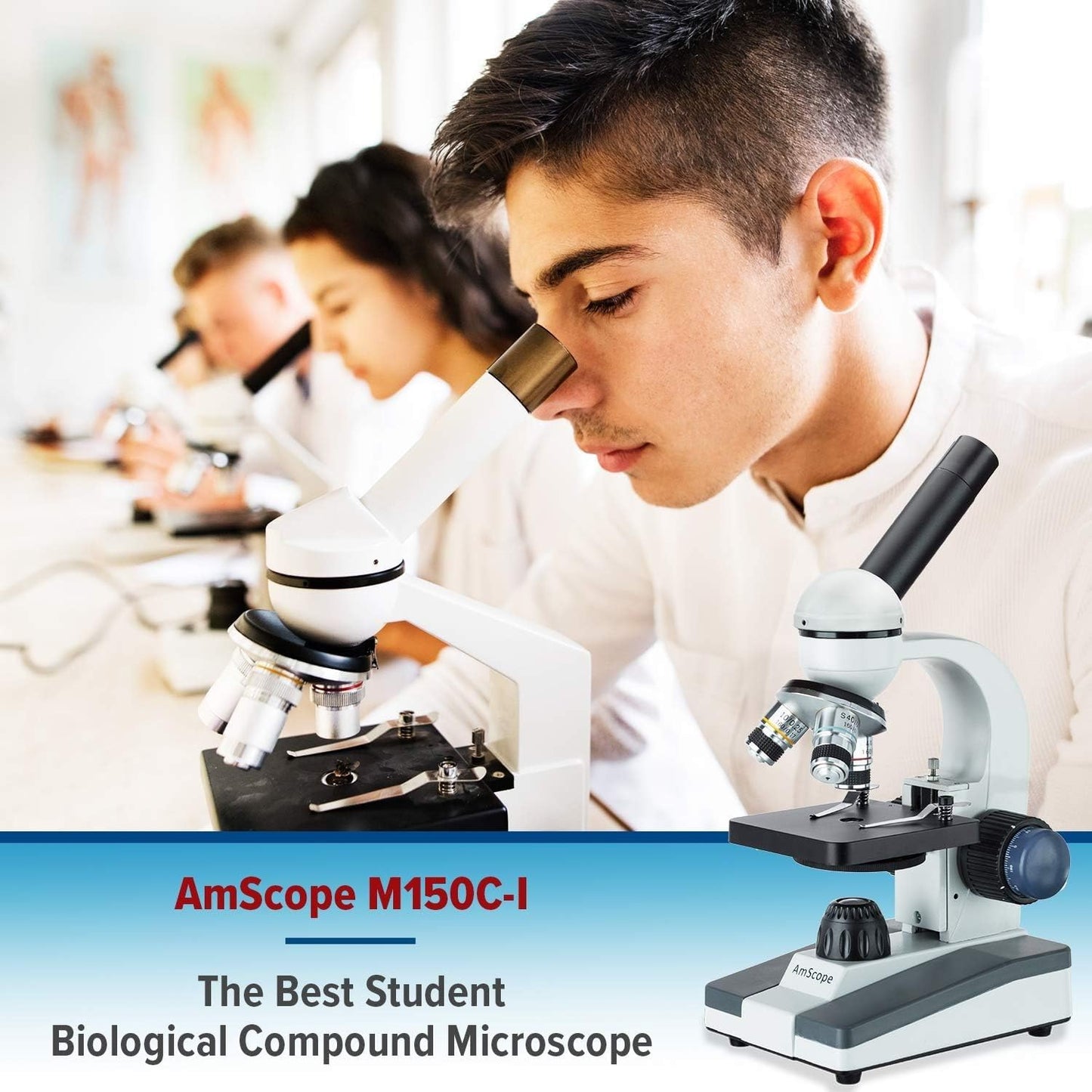 Microscopio Compuesto AmScope M150C-E-A LED Blanco con Enfoque Grueso y Fino para Estudiante y Cámara Digital USB