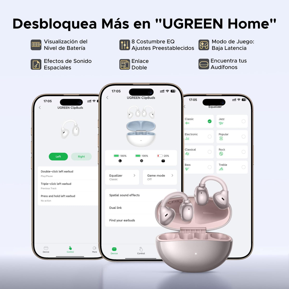 Audífonos Inalámbricos UGREEN ClipBuds Bluetooth 6.0 30H con 4 Micrófonos