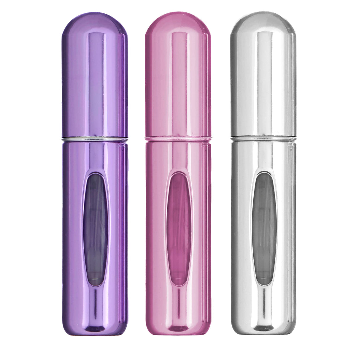Expressions ANPC17311 - Juego de atomizadores de perfume recargables de tamaño de viaje de 5 ml, botellas de aluminio pulverizadoras de perfume de color morado, blanco y rosa