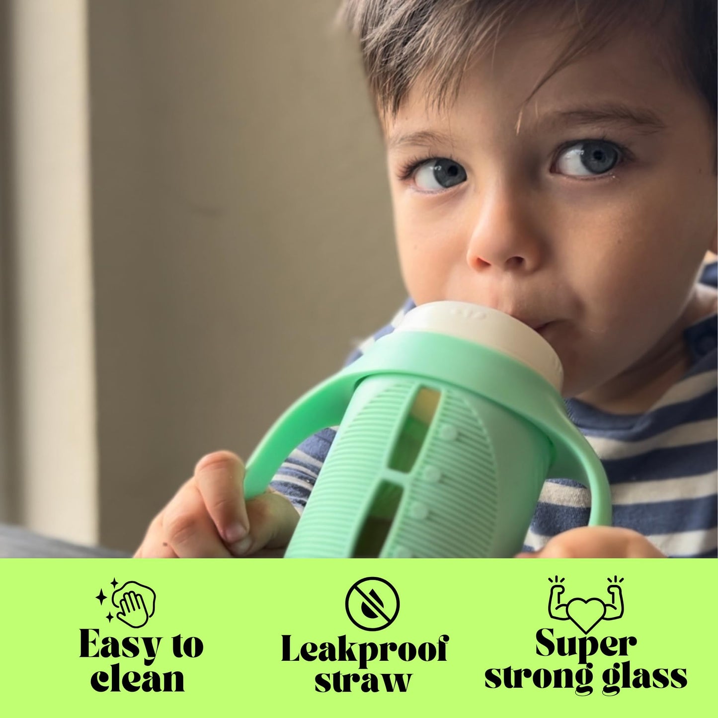 Tabor Place The Minis - Juego de 2 vasos de vidrio para niños pequeños, 5 onzas, a prueba de derrames, popote de silicona, verde menta y morado índigo, líquidos nunca tocan plástico, el mini 2 unidades (paquete de 1)