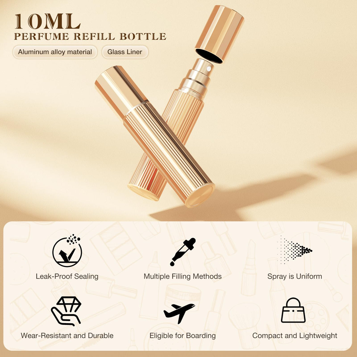 kuangre - atomizador de perfume de 10 ml, rellenable con forro de vidrio, mini dispensador de colonia, pulverizador portátil, tamaño de bolsillo para mujeres, hombres, cruceros, coche, viaje, regalo