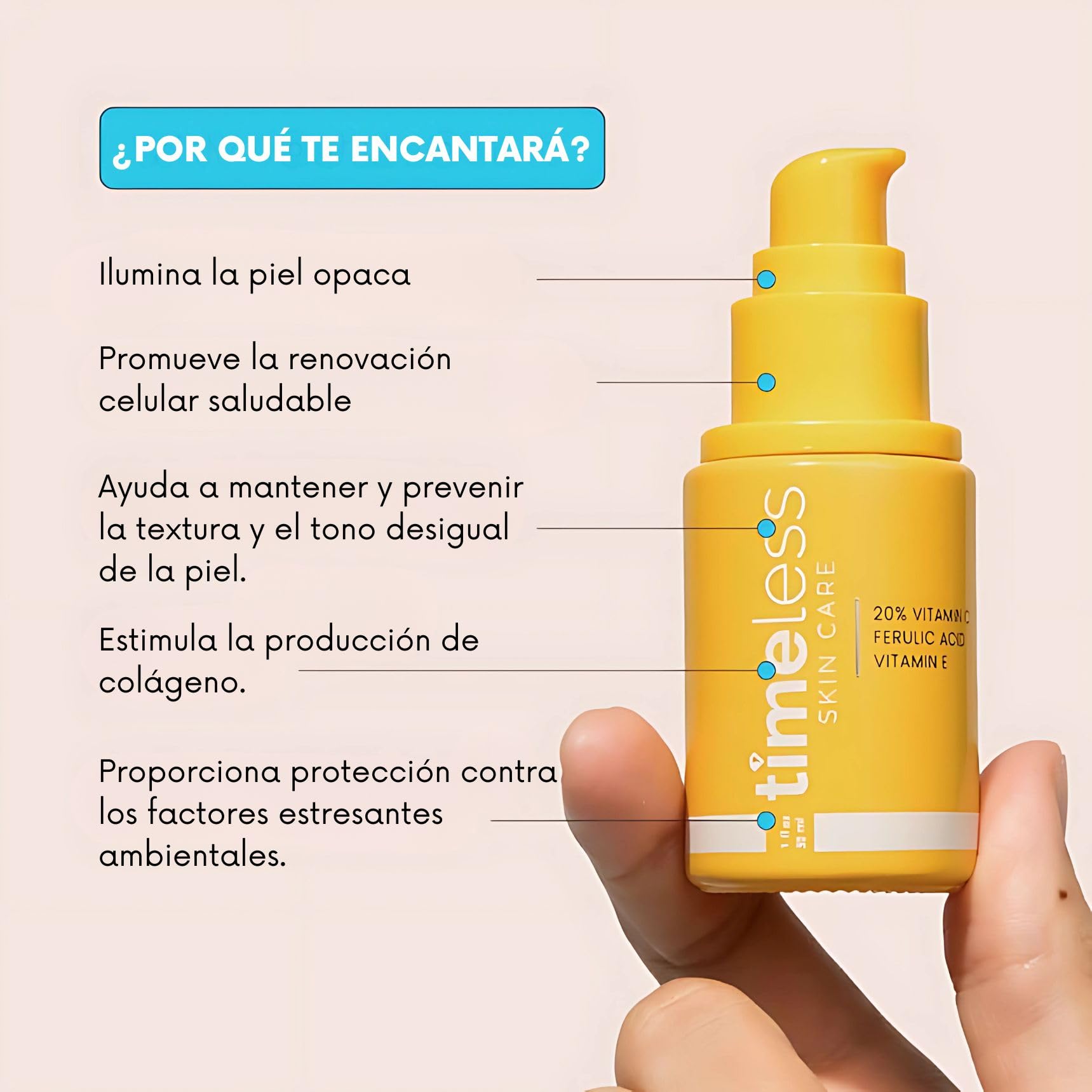 TIMELESS SKIN CARE | Sérum de Vitamina C al 20% + Ácido Ferúlico + Vitamina E | Para Todo tipo de piel | Suero Antioxidante y Aumenta la Producción de Colágeno | 30ML