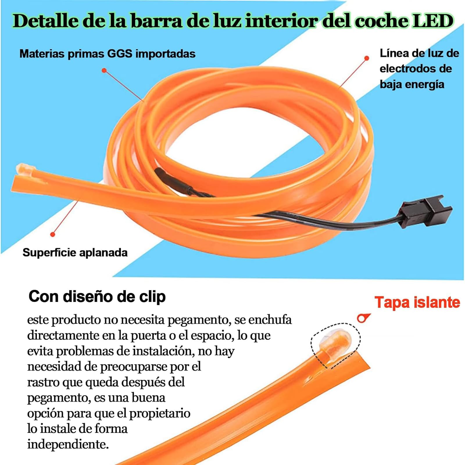 Tira de Luces LED para Coche Iluminación Interior Naranja con Modo de Música