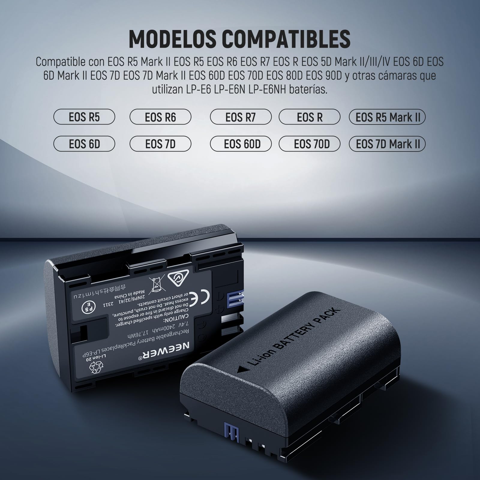 Paquete de 2 Baterías de Repuesto NEEWER LP-E6P/LP-E6NH/LP-E6N/LP-E6 Compatible con Canon EOS R5 R6 R7 5D II III IV 6D II y Cargador Dual USB
