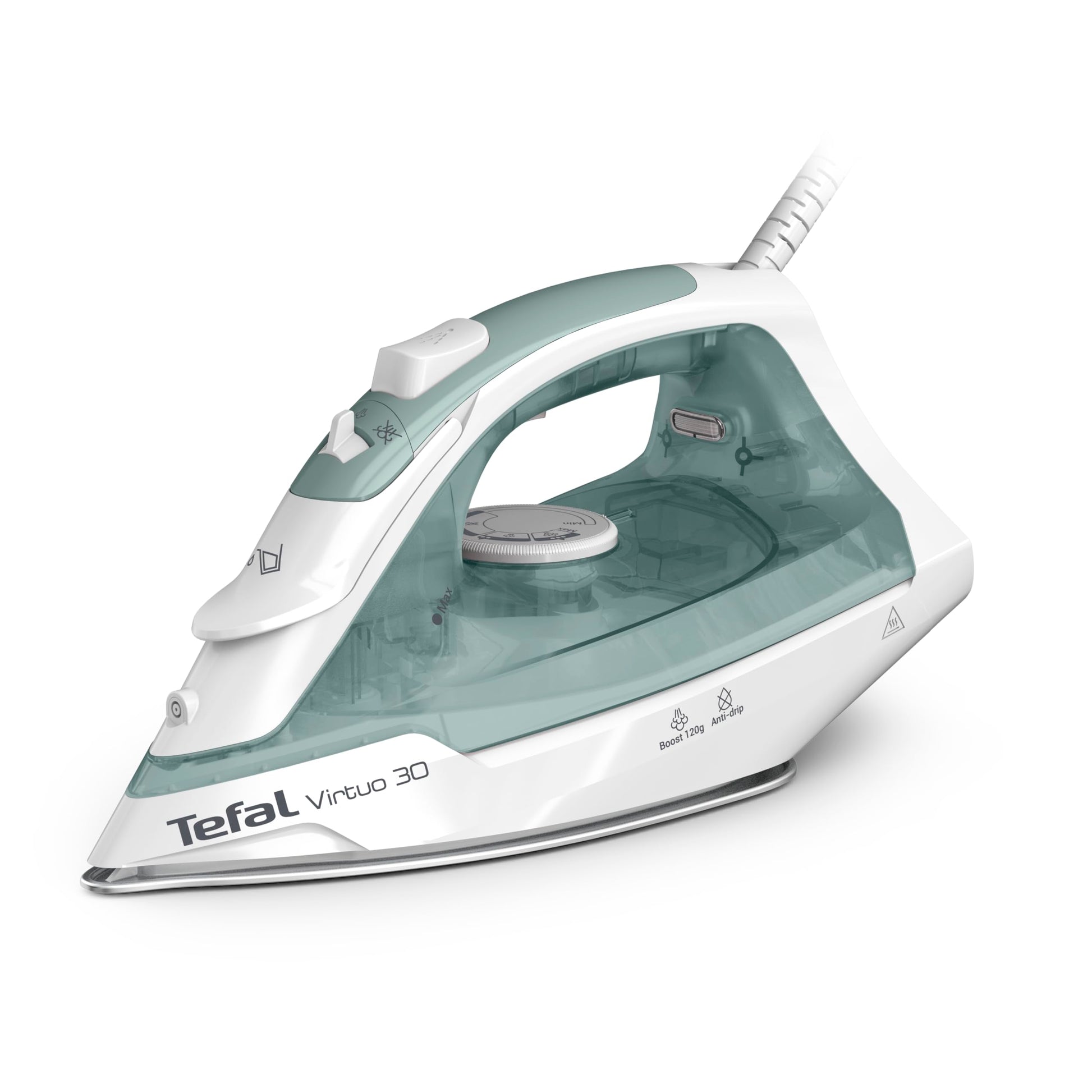 Tefal Virtuo FV2C42E0 - Plancha de vapor (2000 W, 27 g/min, golpe de vapor de 120 g/min, tiempo de calentamiento, vapor vertical, antigoteo, punta de precisión de eucalipto