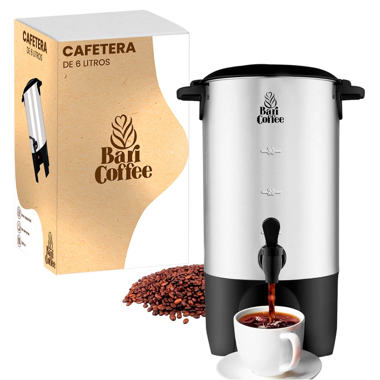 Baricoffee Cafetera 6 Litros, 40 Tazas, Cafetera Electrica, Tapa con Asas, Acero Inoxidable, Cafeteras Automaticas, Dispensador de Bebidas, Filtro Permanente Lavable, Dispensador de Bebidas Calientes