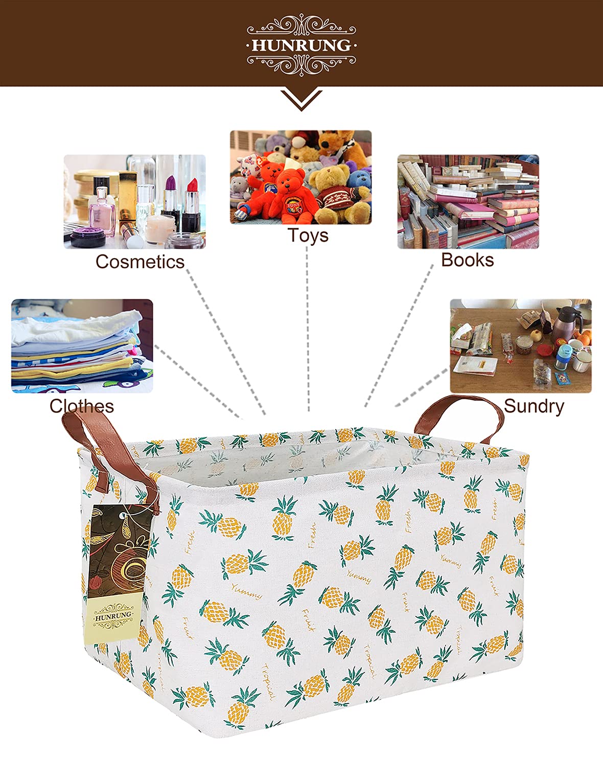 HUNRUNG Cesta de Almacenamiento Rectangular, Linda para Juguetes de Mascota/niños, Libros, Ropa, Perfecta para Habitaciones de niños/Sala de Juegos/estantes, Rectangle Pineapple