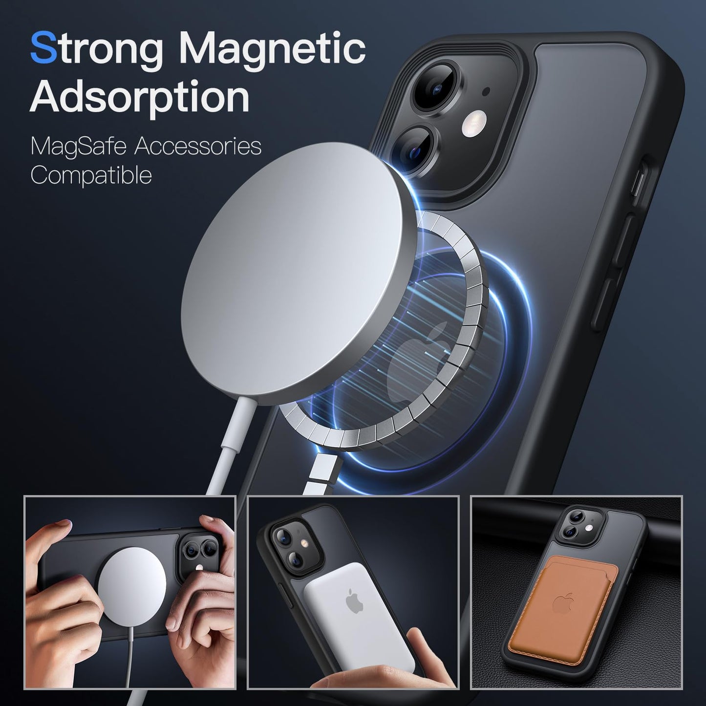 JETech Funda Magnética para iPhone 12/12 Pro 6.1 Pulgadas Compatible con MagSafe, Carcasa Translúcida Mate Trasera Fina Antigolpes (Negro)