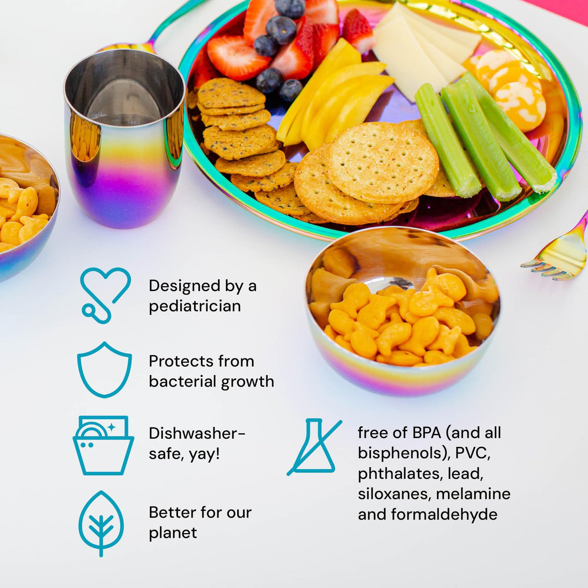 Ahimsa - Platos de acero inoxidable para niños, platos para niños pequeños, platos de cena, 100% libres de BPA y aptos para lavaplatos, platos de arco iris (paquete de 1), PLA9-108