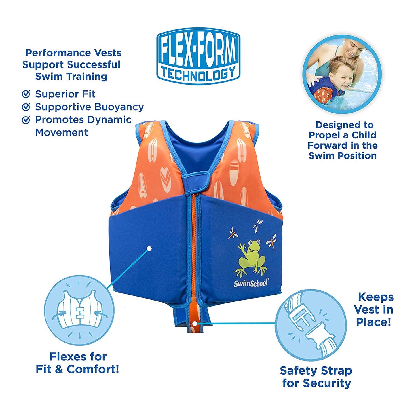 Chaleco de Natación SwimSchool Azul Naranja con Hombros Acolchados para Niños