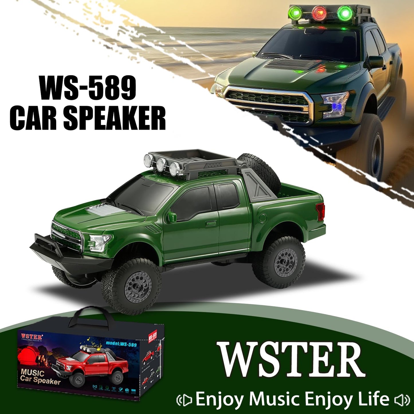 WSTER WS-589 - Altavoz Bluetooth para camioneta todoterreno, color verde