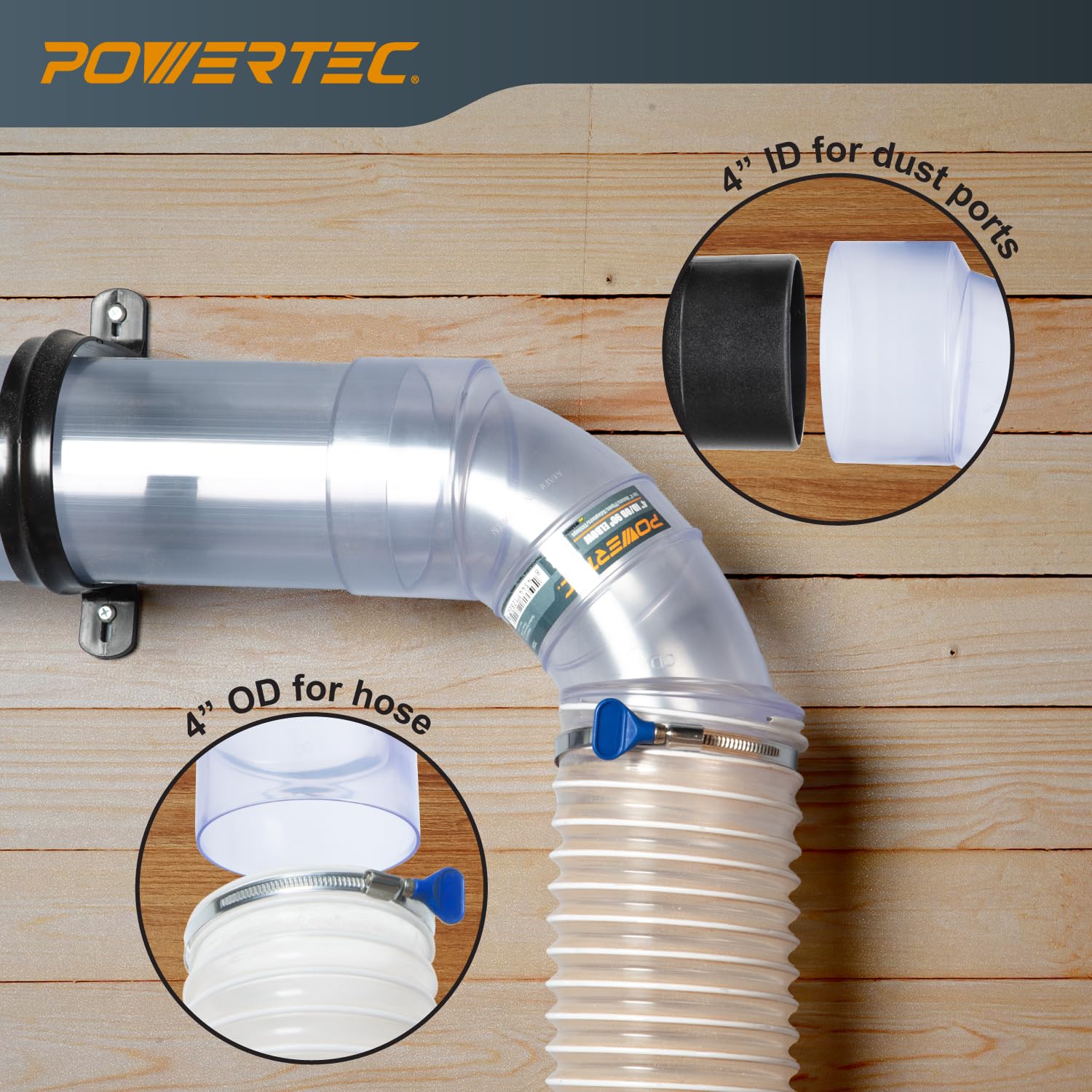 Codo de 90 Grados Powertec Transparente para Tubos y Manguera de Recogida de Polvo de 4 Pulgadas