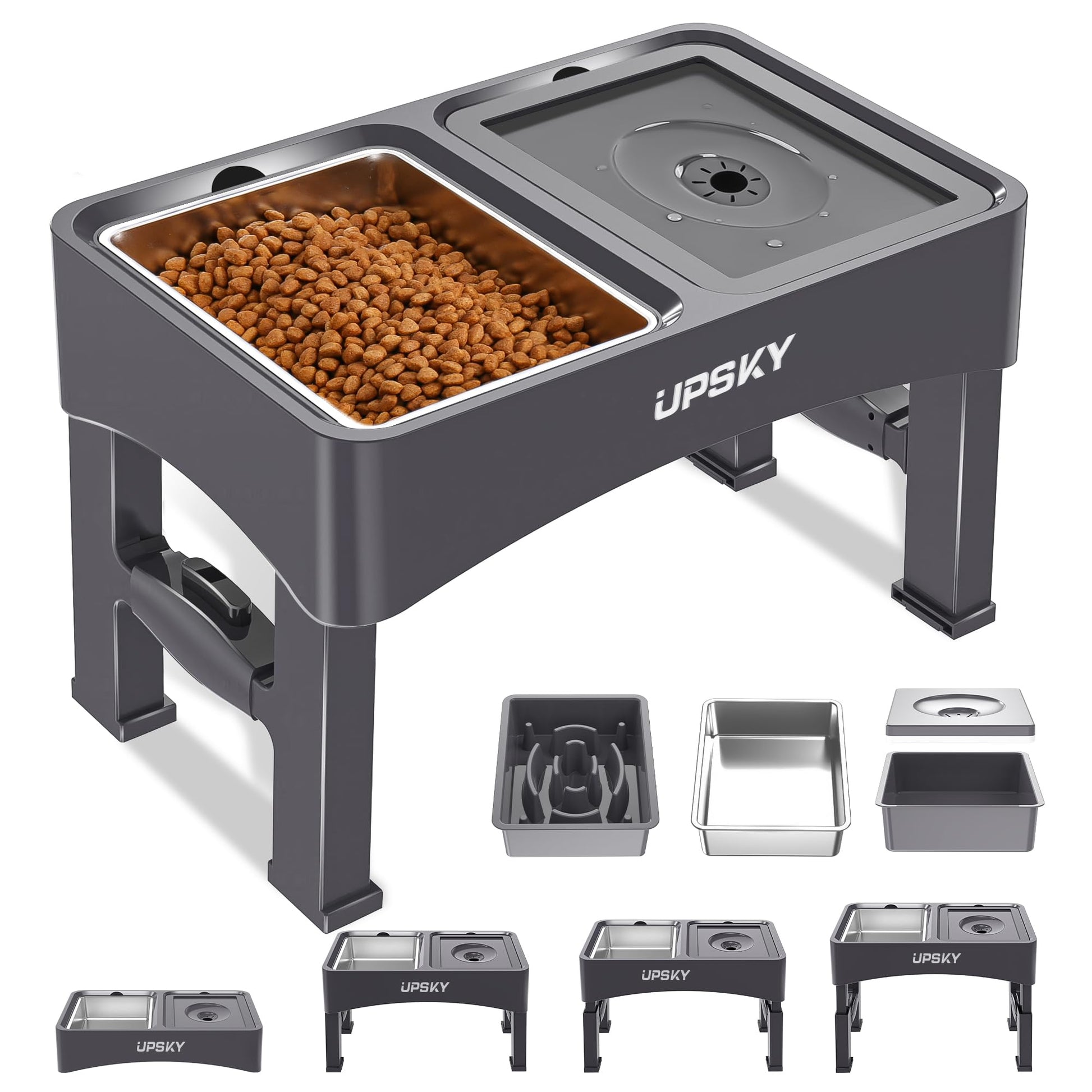 Cuencos Elevados UPSKY 4 Alturas Ajustables comedero Lento y dispensador de Agua Acero Inoxidable para Perros