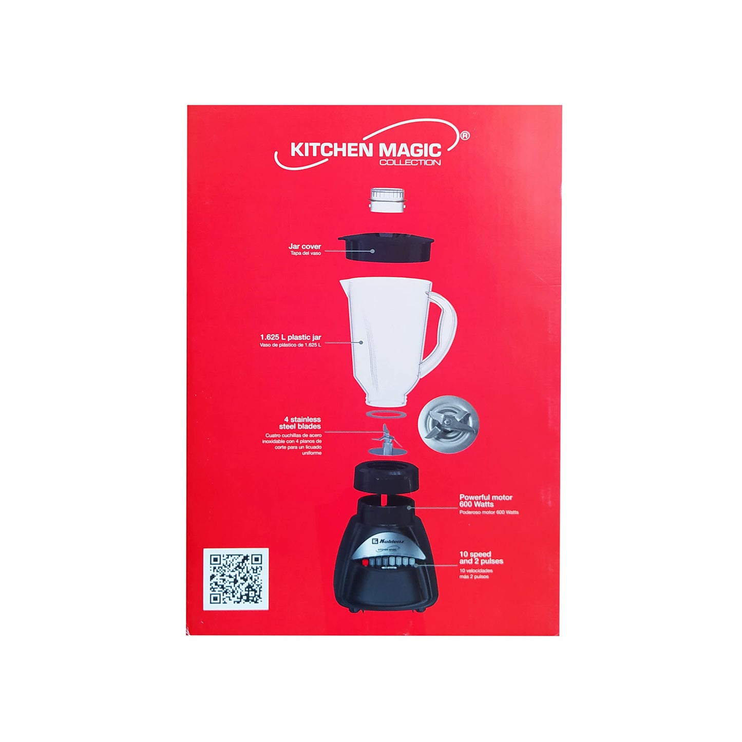 KOBLENZ Licuadora Black, Kitchen Magic Collection, Mod. LKM-3910 PN, 600 Watts, 10 velocidades más 2 pulsos y 4 cuchillas de acero inoxidable