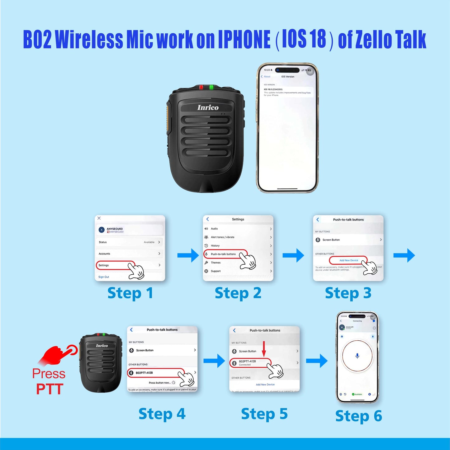 Micrófono PTT Inalámbrico ANYSECU Inrico Negro B01 para iOS y Android