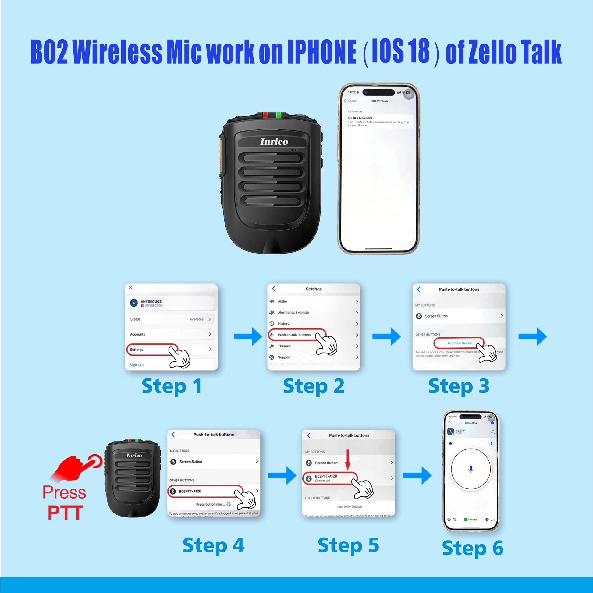 Micrófono PTT Inalámbrico ANYSECU Inrico Negro B01 para iOS y Android