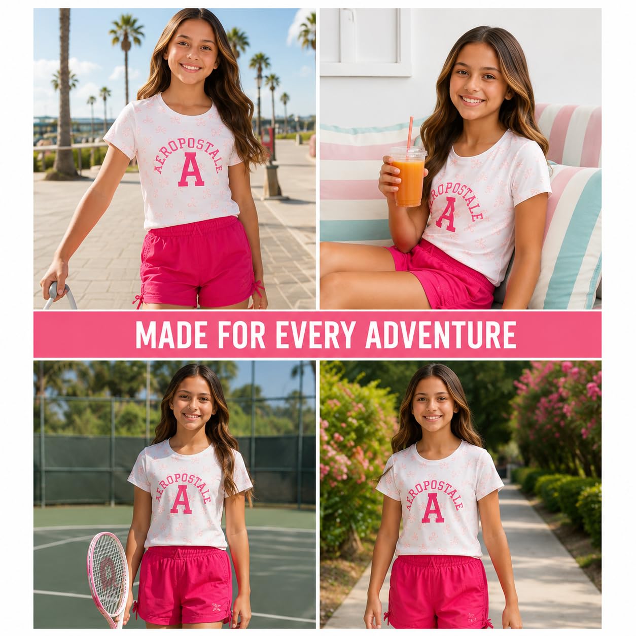 AEROPOSTALE Conjunto de shorts para niñas - 2 piezas Camisetas suaves de manga corta con estampado y shorts de sarga o mezclilla Conjuntos de verano para niñas, Talla 10-12, Blanco Rosa