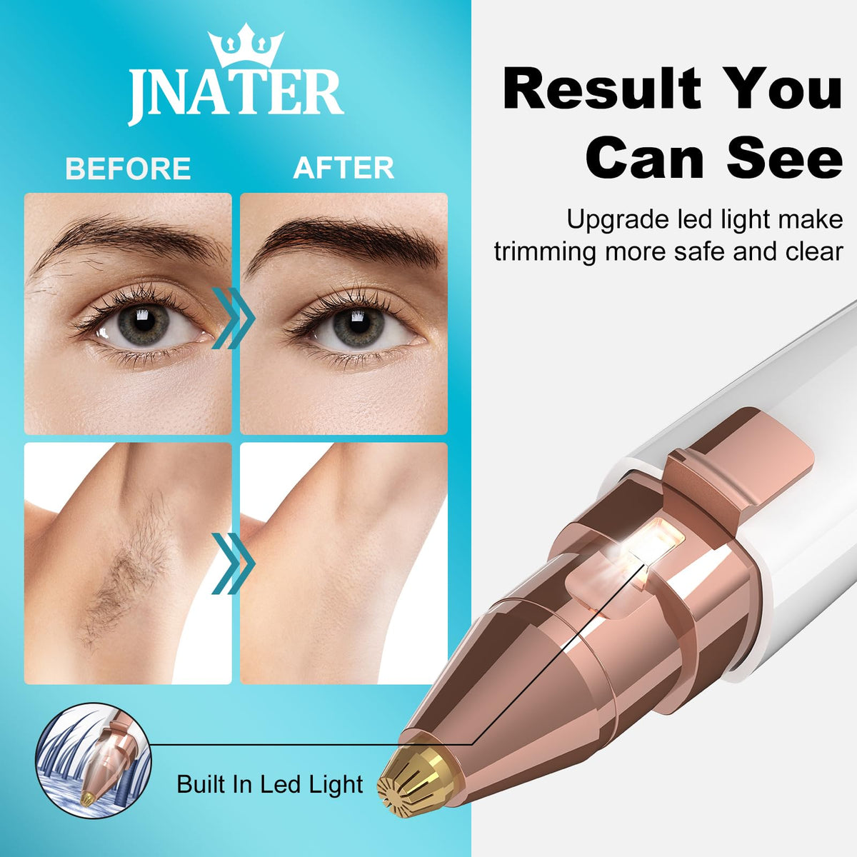 Cortadora de cejas, depilación facial para mujeres, kit de afeitar de cejas recargable 2 en 1, dispositivo de depilación sin dolor, dispositivo de depilación para cejas, pelusa de melocotón, labios, brazos, piernas con luz (oro rosa)