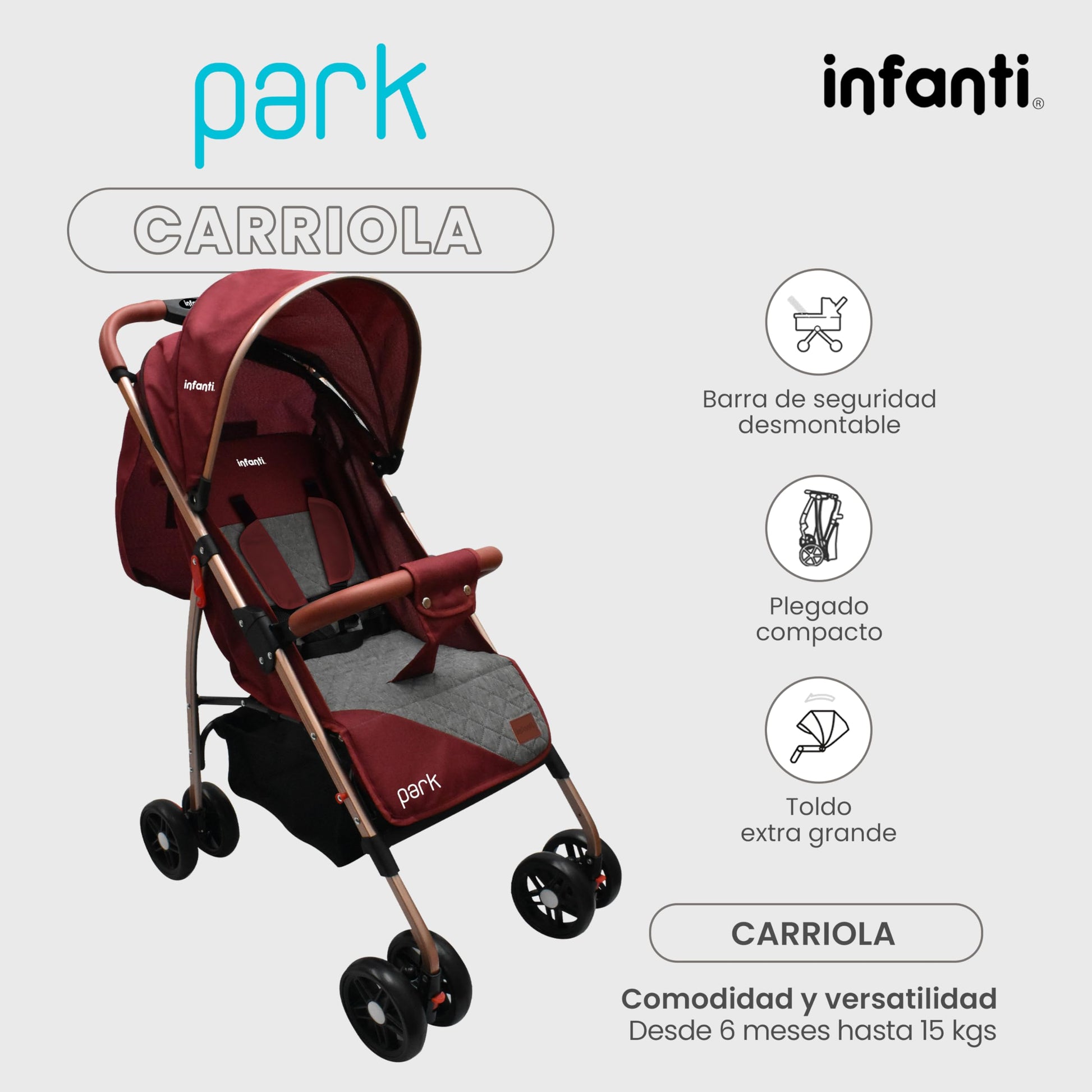 INFANTI | Carriola para Bebe PARK Rojo | Carreola con Portabebé - Carriola de Viaje - Carrito para Bebe | Cosas para Bebes 6 Meses hasta 15 kg - Compacta y Plegable | Barra de Seguridad Desmontable