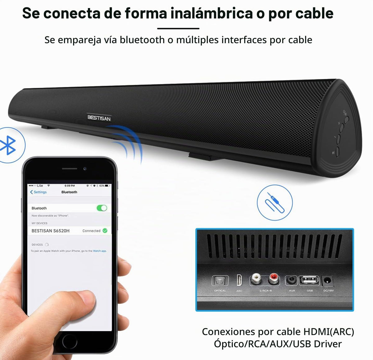 Barra de Sonido BESTISAN Bluetooth e Inalámbrico Negro con DSP y Montaje en Pared