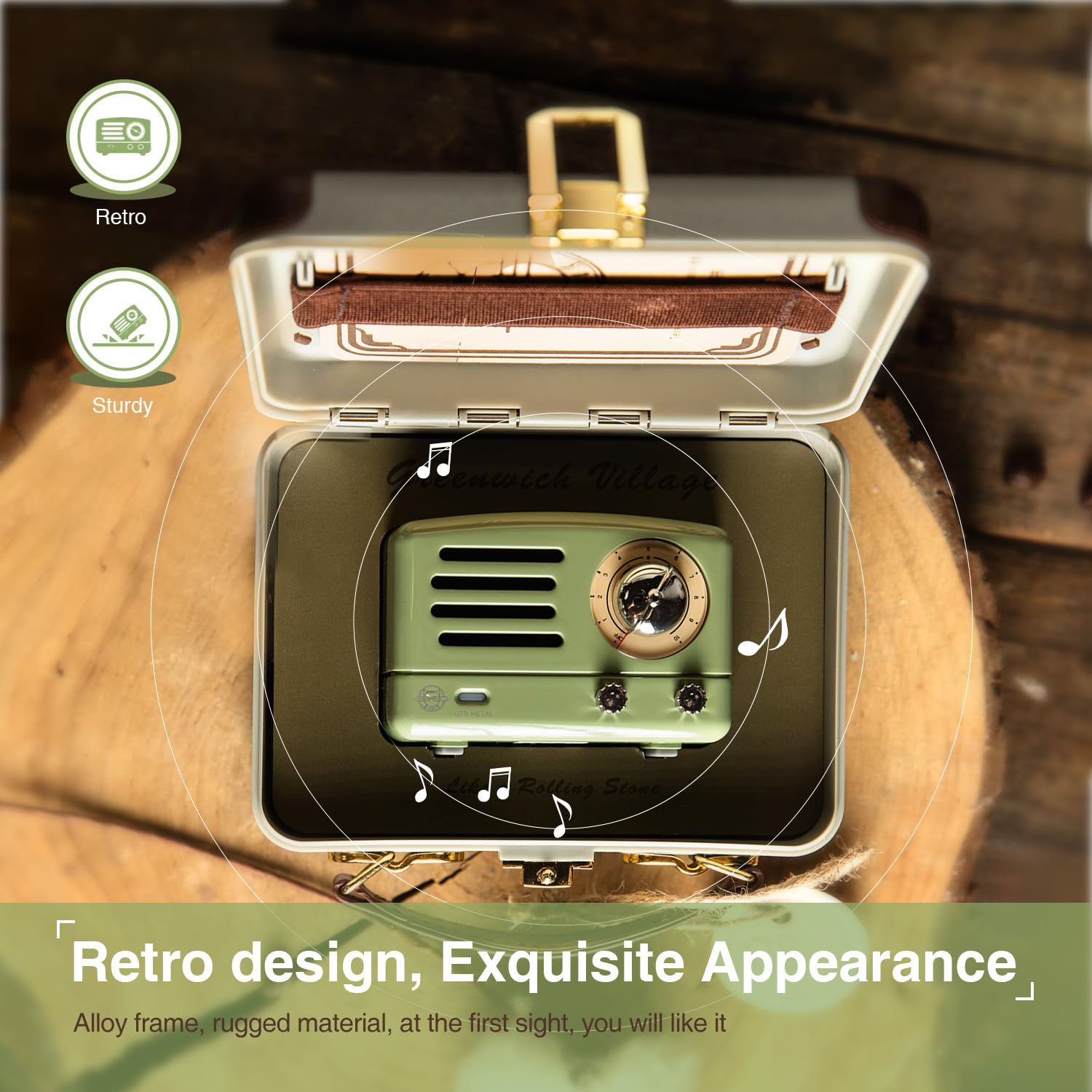 Muzen OTR Altavoz Bluetooth Portátil de Metal con Sintonizador de Perilla Retro Radio FM, con Estuche de Regalo, Altavoz Bluetooth Inalámbrico con Sonido Estéreo, para Viajes Exteriores Hogar