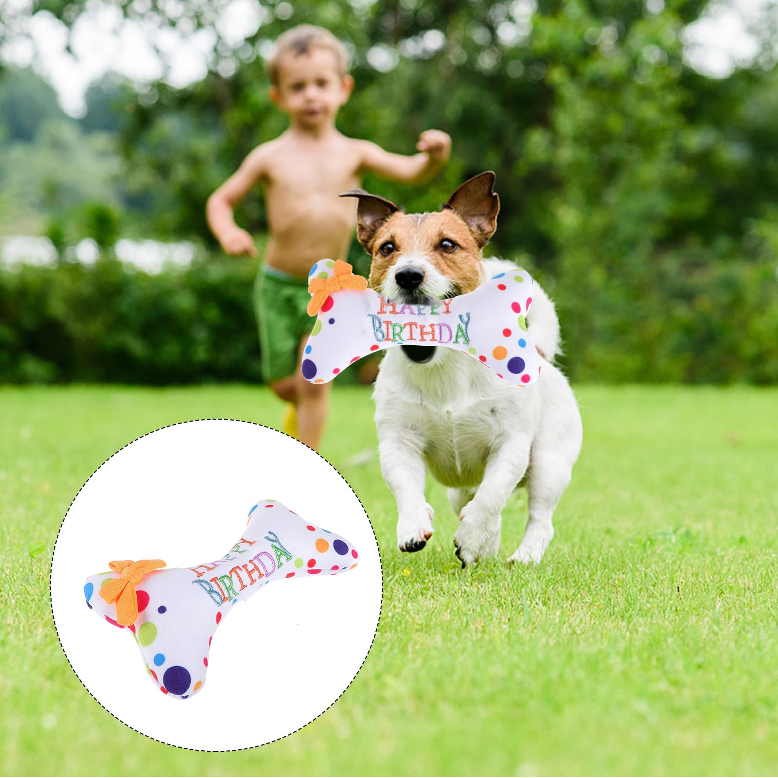 Housoutil - Juguetes de peluche para perros grandes, juguete de peluche con hueso de perro, juguete de feliz cumpleaños, juguete de perro con diseño de hueso masticable, juguetes de perro con temática