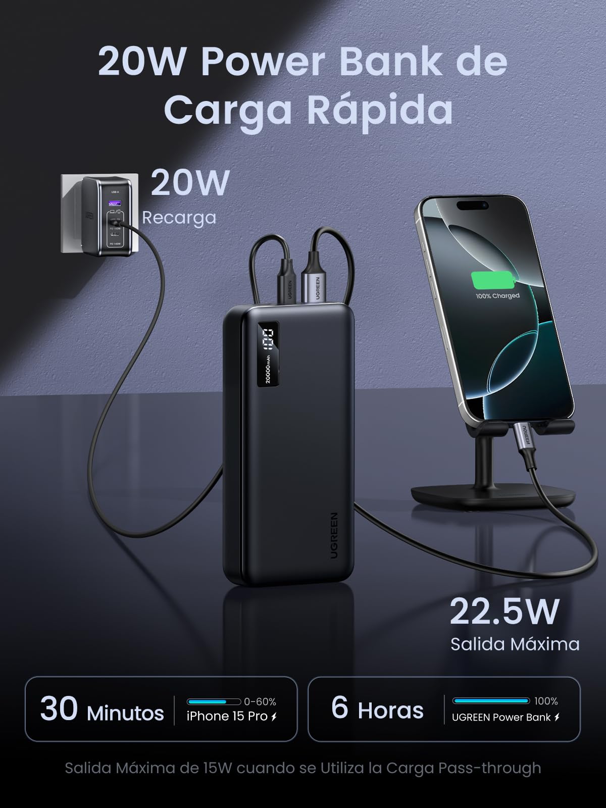 Power Bank UGREEN 20000mAh Negro Carga Rápida con Pantalla Digital 22.5W para iPhone, iPad y Galaxy