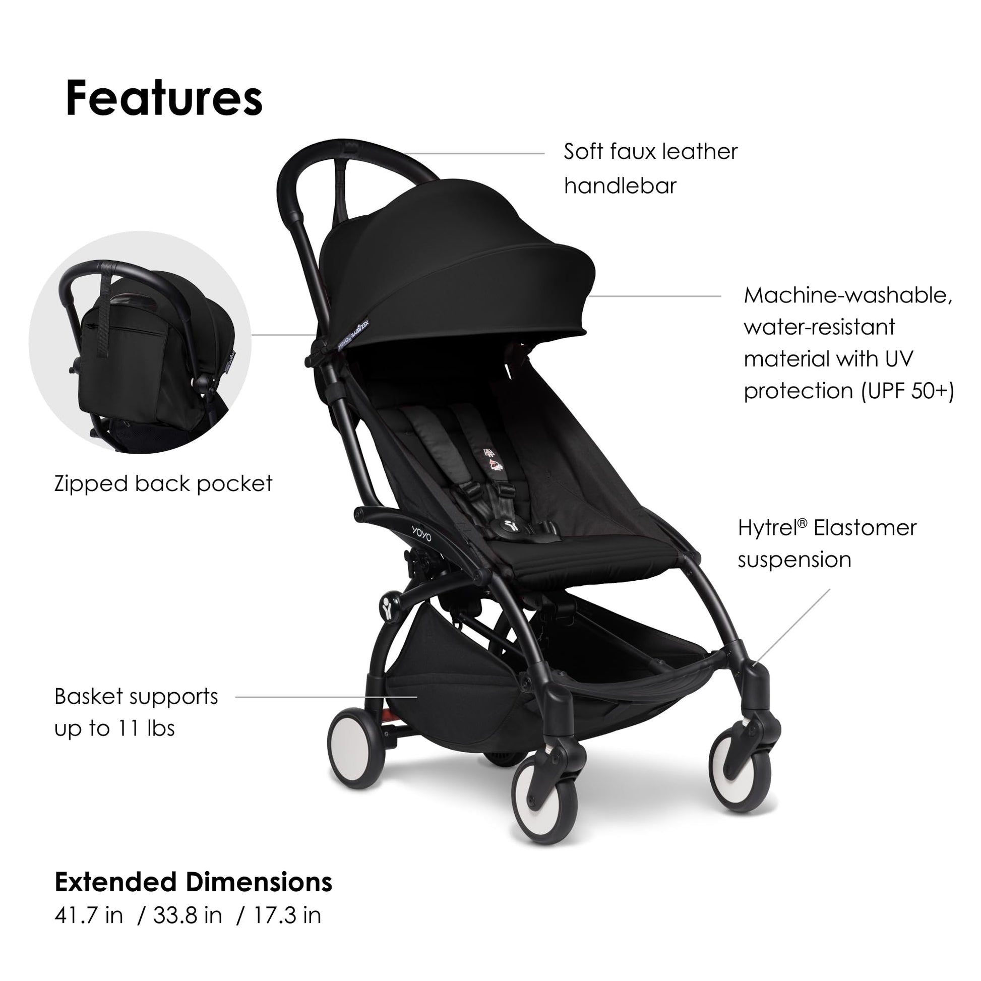 BABYZEN Cochecito 6+ YOYO2 (Chasis Negro con Pack 6+) - Incluye arnés, respaldo, extensiones de capota, correa para llevar al hombro, el cojín del asiento y la capota a juego (Negro)