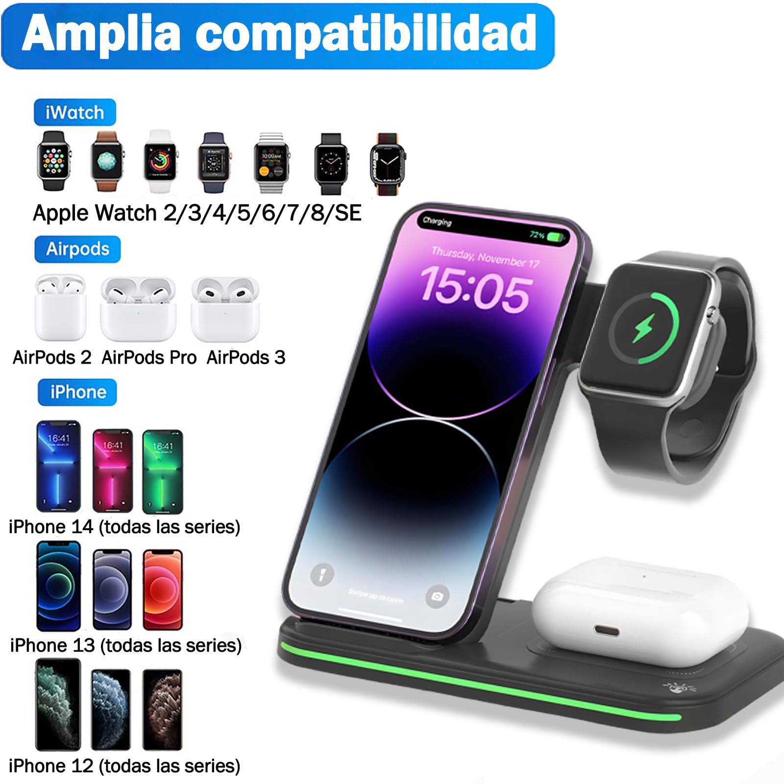 DKJBF Estación de Carga 3 en 1 Inalámbrica con Cable USB e Indicador LED - Compatible con iPhone, Samsung, Apple Watch Series 8/7/6/5/4/3/2/SE y AirPods 2/3/Pro