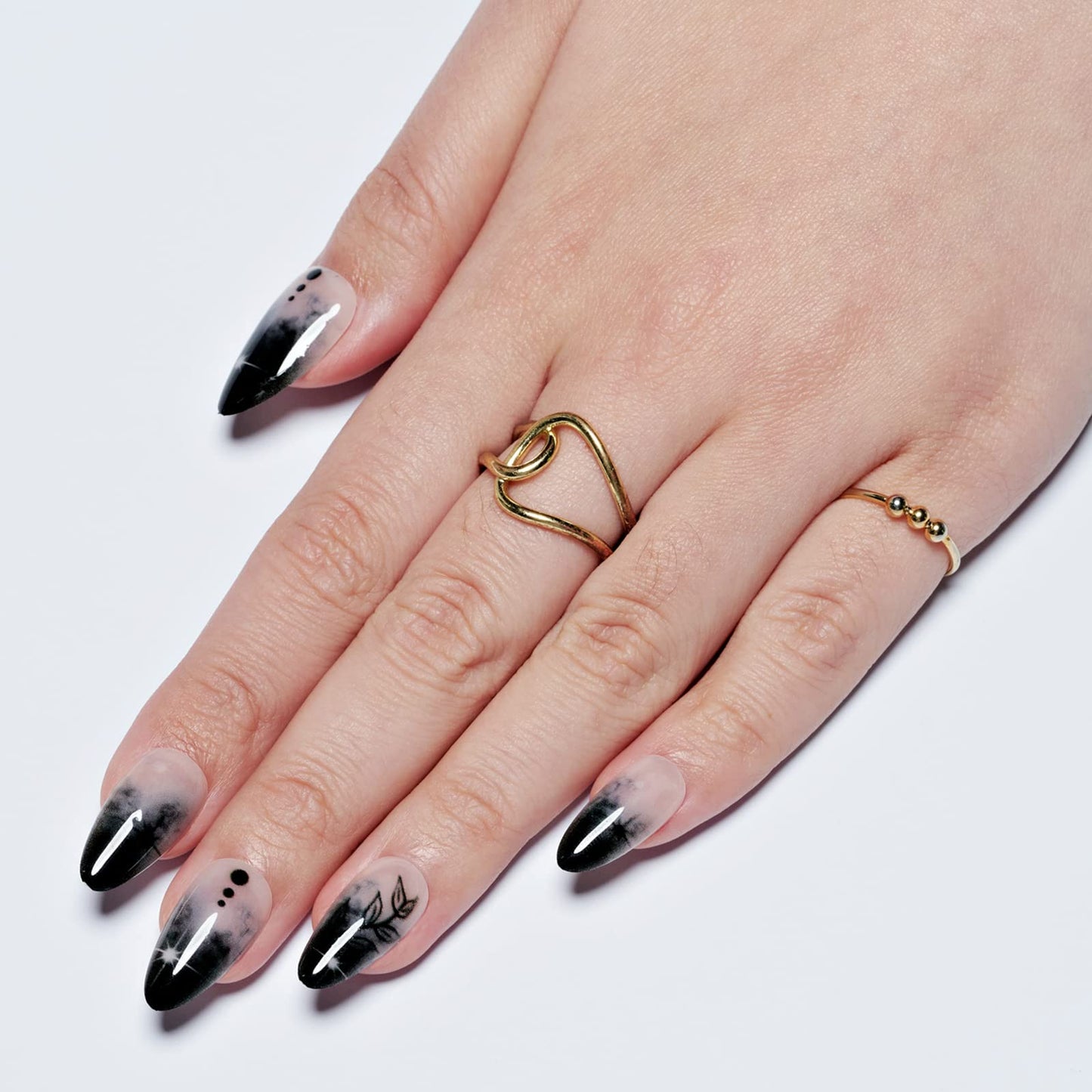 GLAMERMAID Presione En Las Uñas Medio Almendra, Halloween Gótico Negro Ombre Francés Punta Pegamento En Uñas de Gel, 24 Piezas Corto Stiletto Acrílico Uñas Postizas Kits Reutilizables Cubierta Complet