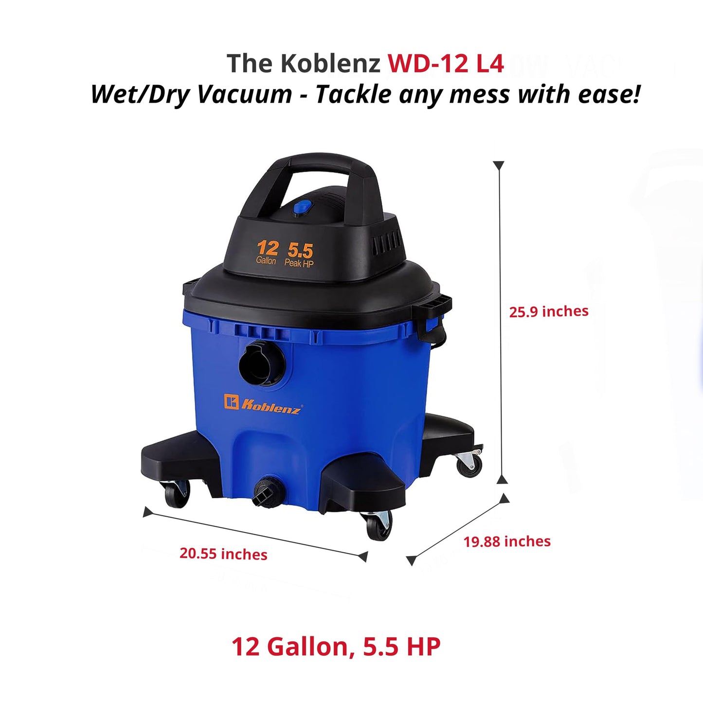 Koblenz Aspiradora Seco Mojado Eléctrica con Sistema de Expulsión de Aire Incluye Accesorios, válvula de Drenaje y Tanque con Capacidad de 12 galones y Motor de 5.5 HP Modelo WD-12 L4
