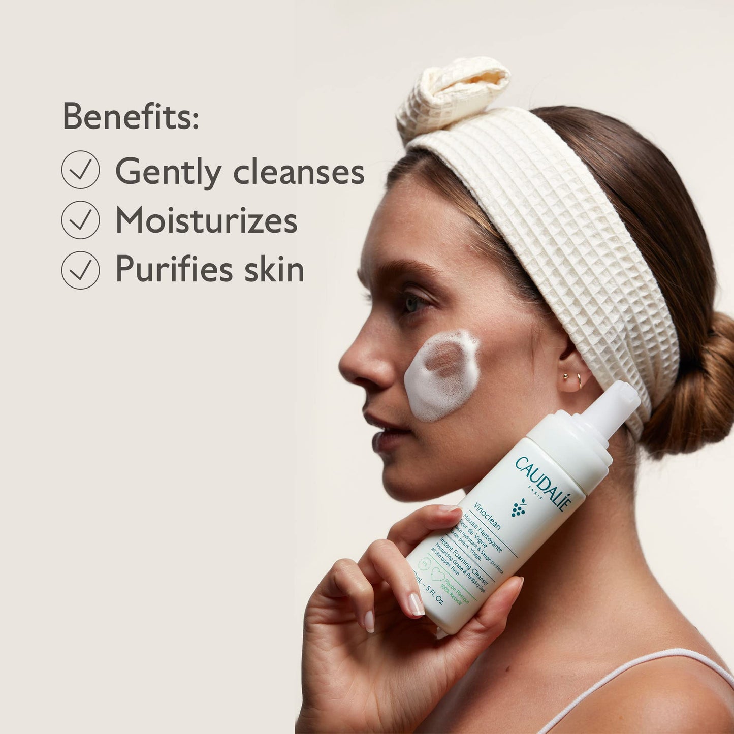 Caudalie Vinoclean Espuma Facial Limpiadora, Limpiador Diario que Limpia, Suaviza y Reduce las Rojeces - 150 mL